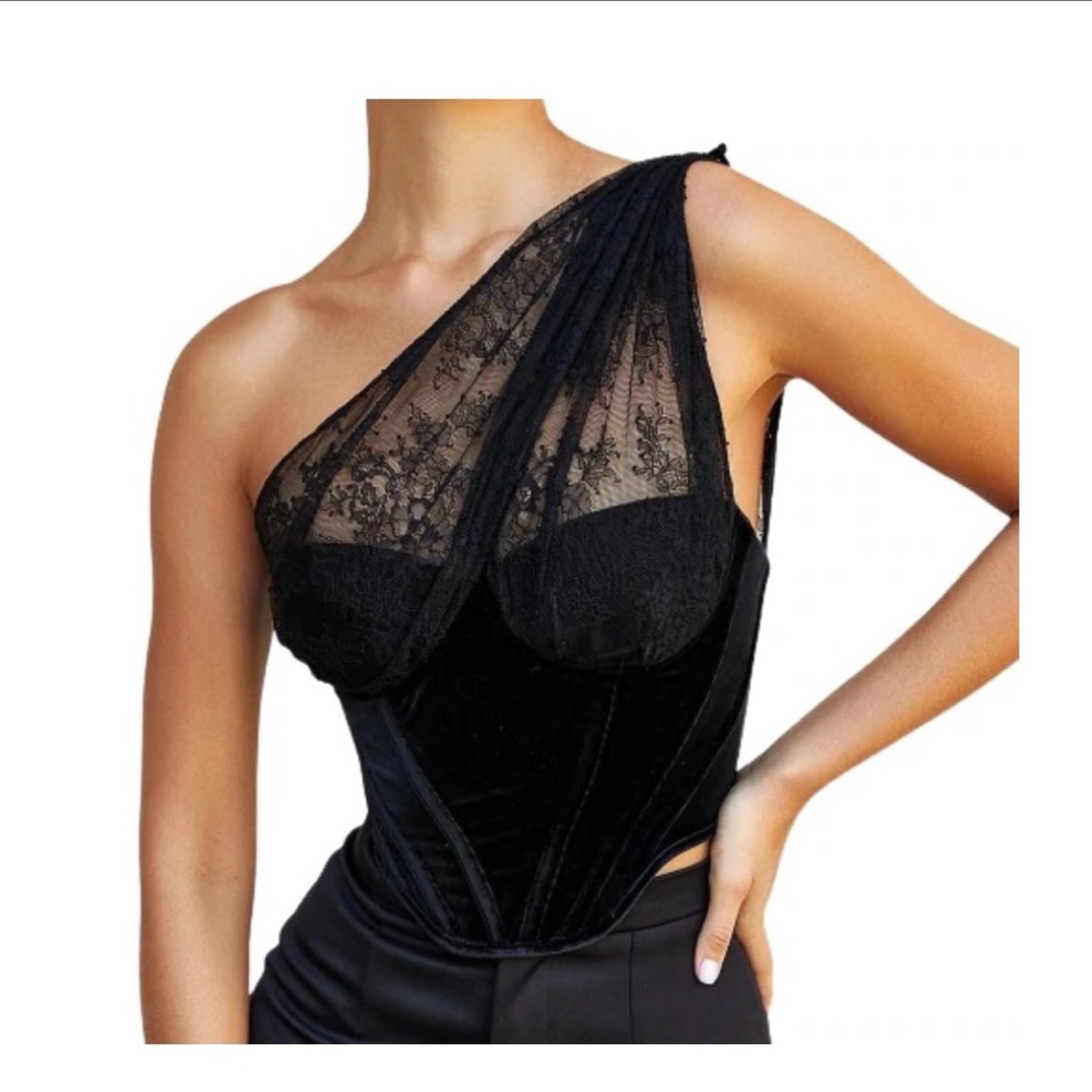 NWT One Shoulder Velvet Lace Black Corset Top XL
